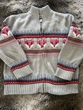 TEA Gray Zip-Up Fox Pattern Knit Cardigan, M